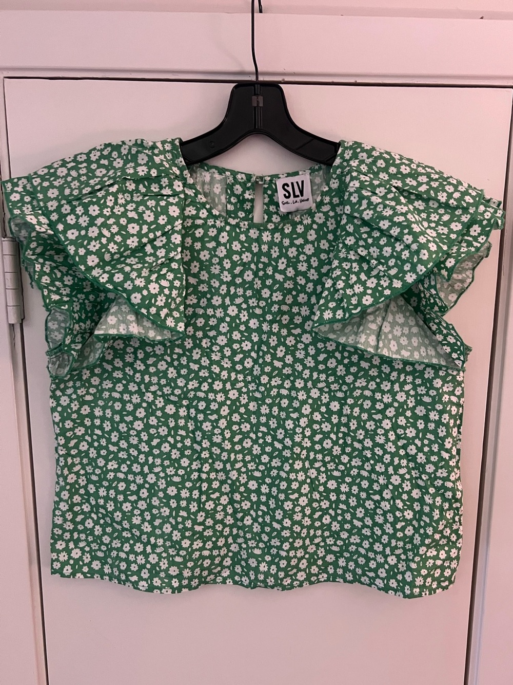 SLV Sur La Vague Green Floral Top with Ruffle Sleeves